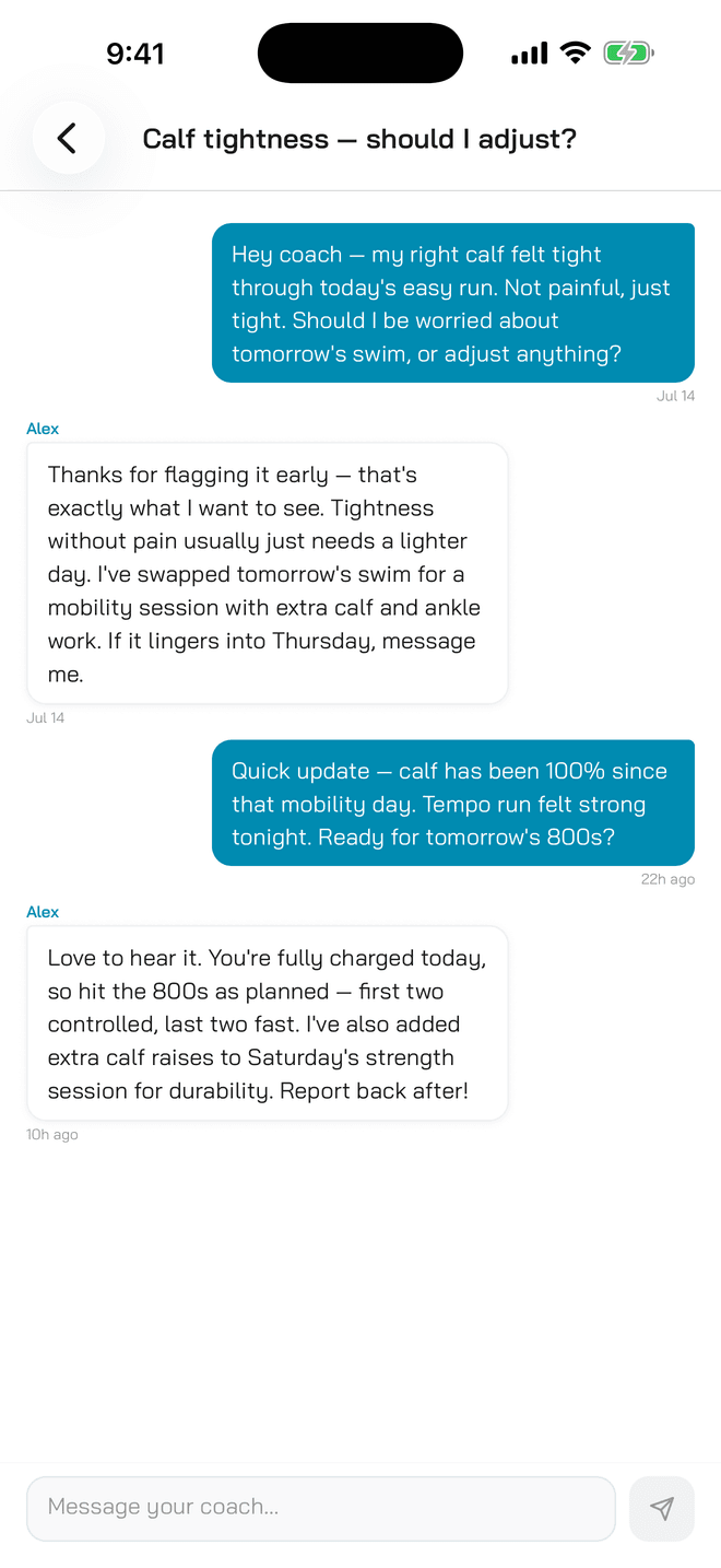 Aeros Training coach chat conversation with a certified coach